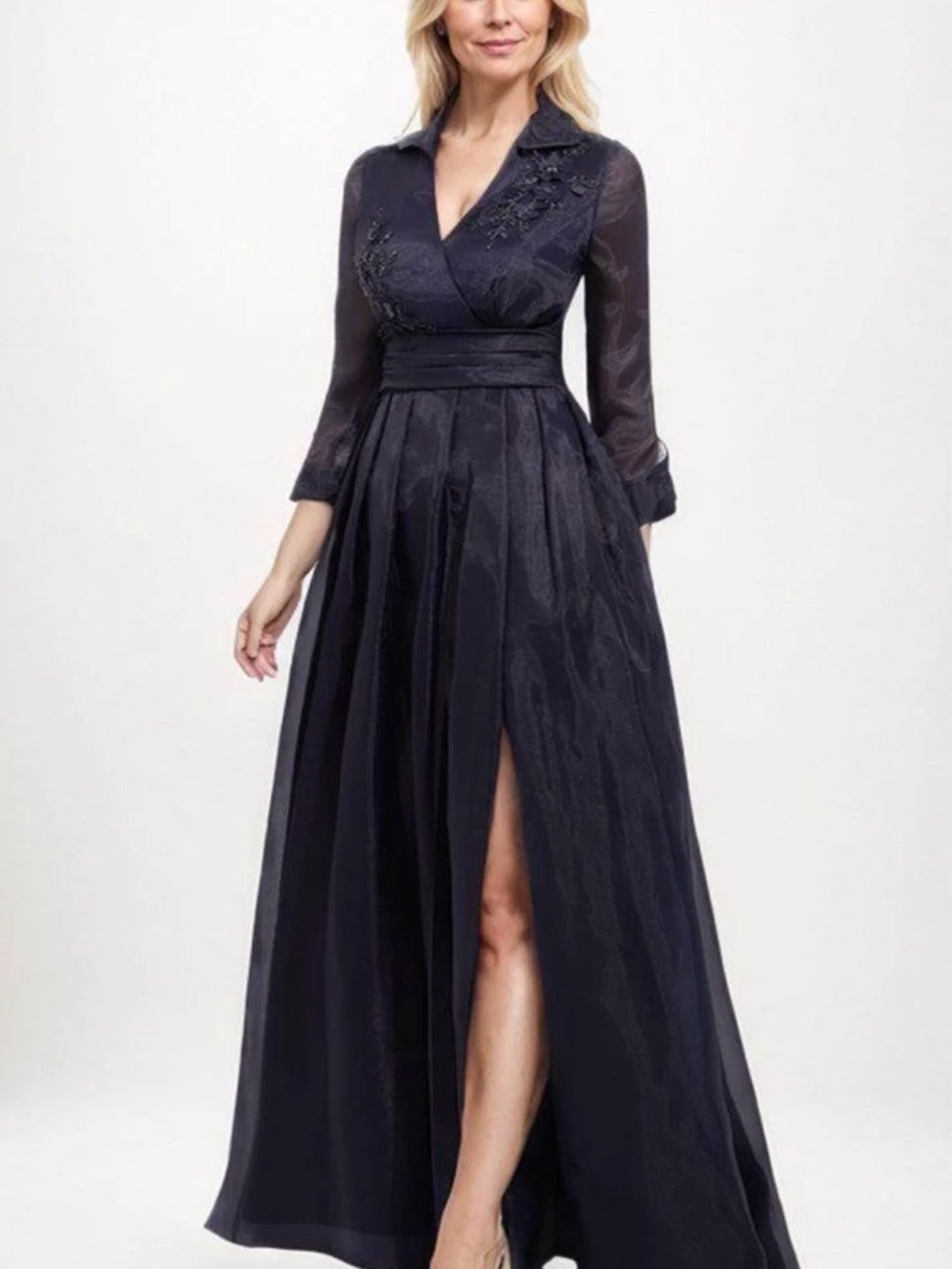 Formal Navy Blue Evening Gown with Embroidered Bodice